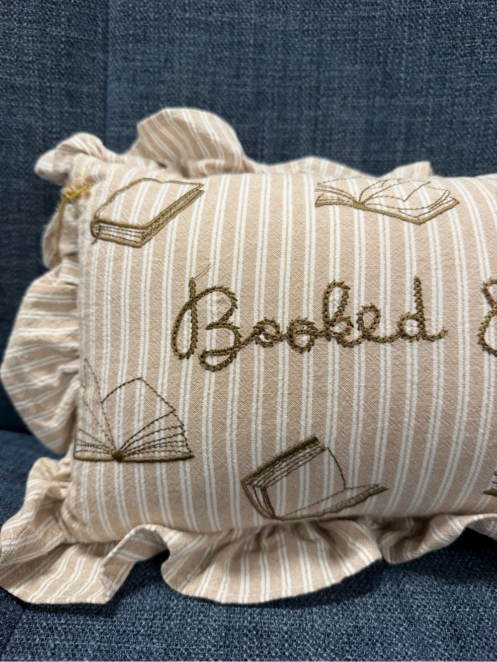 Booked & busy Striped Pinstripe Decorative Pillow Ruffles Embroidered - Picture 3 of 5